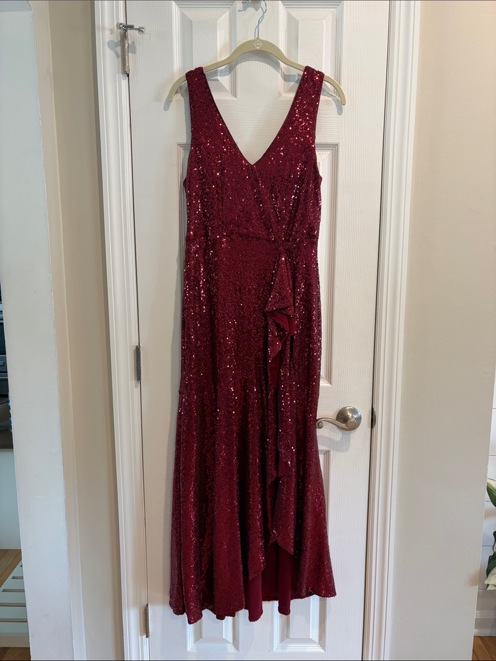 Grace Karin Sparkling V-Neck Sequin Gown - Wine Red